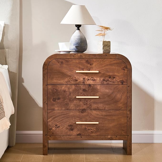 Farmhouse Nightstand Set of 2, 23.5" Curved Modern Night Stand with 3-Drawer, Bedside Table, End Table for Bedroom, Storage Cabinet for Living Room Home Office Entryway, Dark Burl