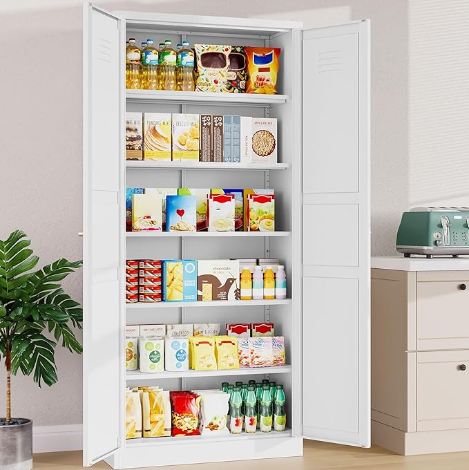 SISESOL 71" Tall Pantry Cabinet with 2 Doors and 6 Shelves,Kitchen Pantry Storage Cabinets,White Metal Storage Cabinet,Wide Deep Food Cupboard for Home,Kitchen,Dining/Living Room