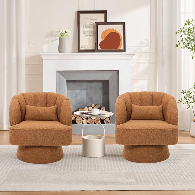 GarveeHome Modern Swivel Barrel Accent Chair, 360° Teddy Fabric Upholstered Armchair with Striped Backrest & Plush Padding, Comfy Round Lounge Chair for Living Room, Bedroom, Reading Nook, Brown 2 PCS
