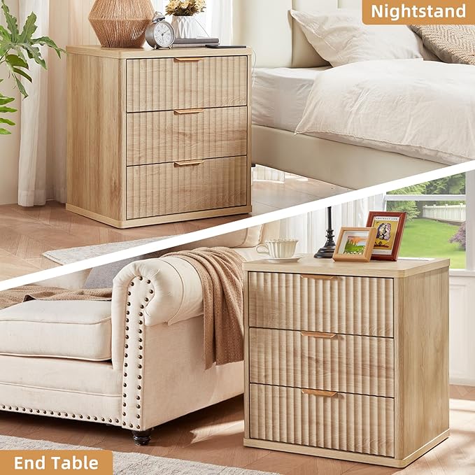 LEYAOYAO Fluted Dresser and Nightstand Sets, Wood 48" Wide Dresser & 23" Night Stand with Charging Station, 2 Piece Bedroom Furniture Set, Chest of Drawers for Bedroom, Home, Living Room,Wood