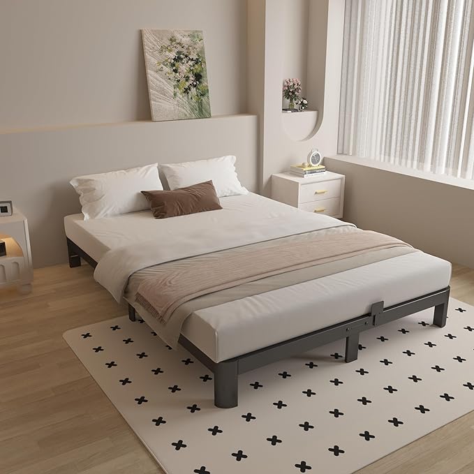 King Size Bed Frame 4 Inch Black, Metal King Bed Frame with Baffles, No Box Spring Needed, Heavy Duty Steel Platform Support, Rounded Corner Legs, Reserved Holes, Noise Free, Easy Assembly