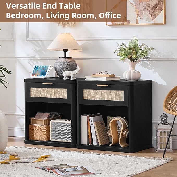 LEYAOYAO Rattan Nightstand with Charging Station, Black Night Stand with Drawer, 23" Wide Boho Bedside Table with Storage Shelf, Bed Side End Tables for Bedroom, Living Room, Hallway