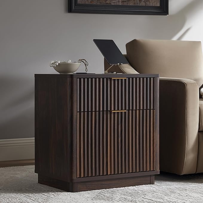 T4TREAM 23'' Fluted Nightstand with Charging Station, Large 2 Drawer Bedside Table, Modern End Table with Storage, Mid Century Night Stand for Bedroom, Living Room, Curved Profile, Dark Walnut