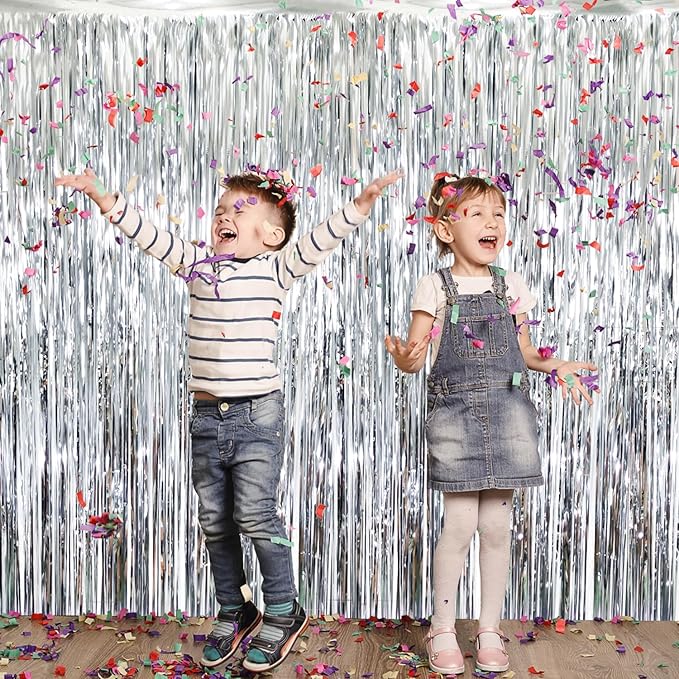 GOER 3.2 ft x 8.2 ft Metallic Tinsel Foil Fringe Curtains Party Photo Backdrop Party Streamers for Birthday,Graduation,New Year Eve Decorations Wedding Decor (Silver,1 Pack)
