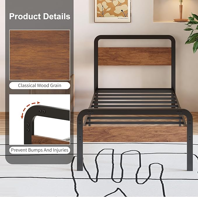 12 Inch Twin Bed Frames with Wooden Headboard and Footboard, No Box Spring Needed, Heavy Duty Metal Mattress Foundation, Noise Free, Easy Assembly, Black