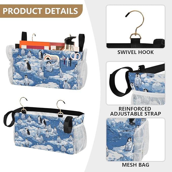 Bedside Caddy Hanging Bunk Bed Caddy Bed Organizer Hanging Pocket with 2 Hooks Bedside Storage Organizer Pocket Bag Holder Blue Penguins Ice Floes Snow Water