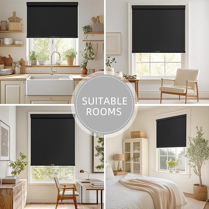 ChrisDowa Cordless Blackout Roller Shades for Windows, Striped Free-Stop Window Blinds with Privacy, Thermal Insulated Window Shades for Home, Office and Door. Black, 35" W x 72" H
