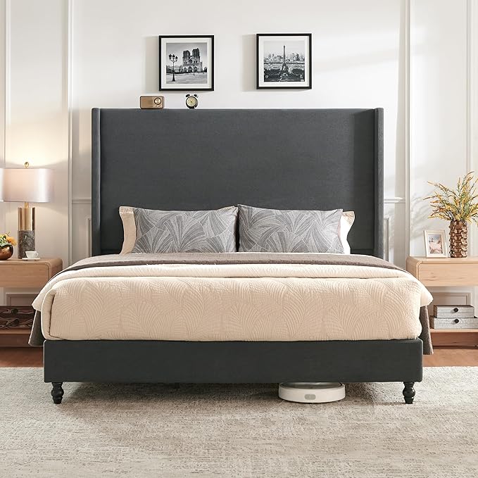 King Bed Frame with 65" Tall Headboard, Horizontal Fine Corduroy Bed Frame with Wingback, Upholstered Platform Bed, Vintage Solid Wood Gourd Legs, No Box Spring Needed, Black
