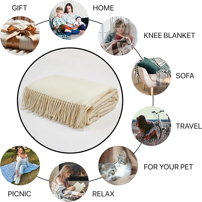 | Wool Blanket/Throw | 100% New Zealand Wool | Perfect for Home and Outdoors | Virgin Wool Throw with Fringes 67"x79" (170 x 200 cm)