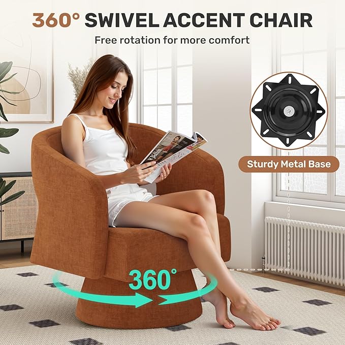 Swivel Accent Chair Set of 4, Modern Comfy Chenille Barrel Chairs, Oversized Upholstered Round Arm Chair for Living Room, Bedroom, Reading Room, Caramel