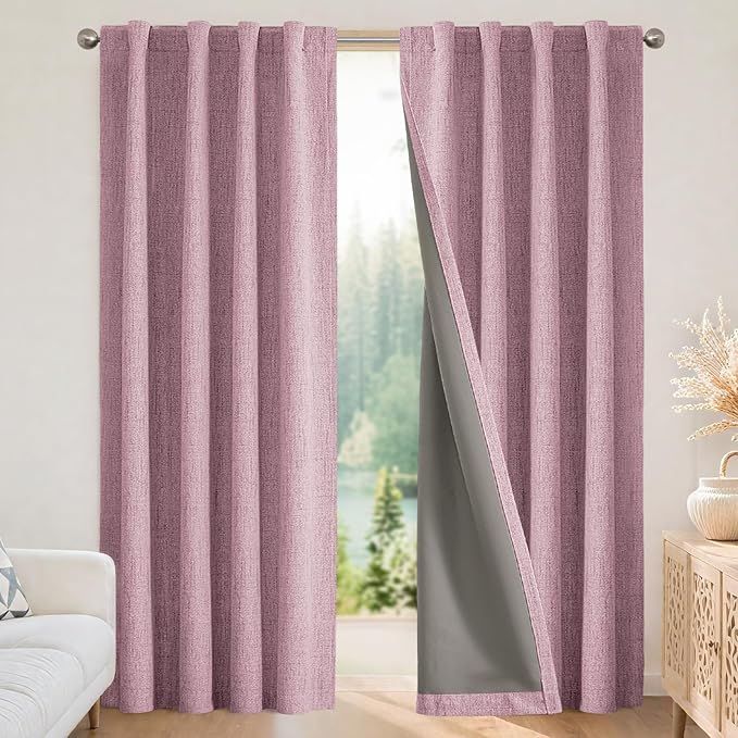 Joydeco Blackout Curtains for Bedroom - 96 Inch Long 100% Light Blocking 2 Panels Set Pink Drapes, Thermal Insulated Room Darkening Curtains, Linen Textured for Living Room, Rod Pocket & Back Tabs