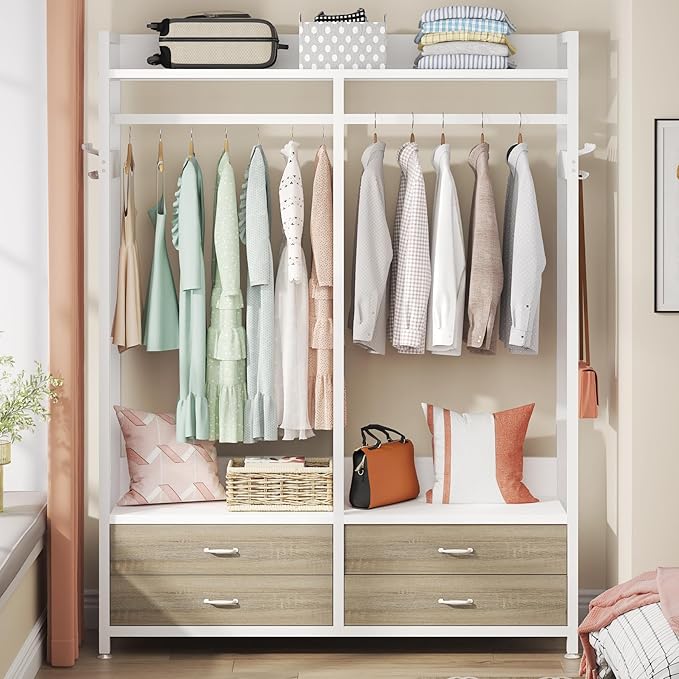 Tribesigns Freestanding Closet Organizer for Hanging Clothes, Heavy Duty Garment Rack with 4 Drawers, 8 Hooks and Storage Shelves, Wardrobe Closet Clothing Rack for Bedroom, Living Room, White Walnut