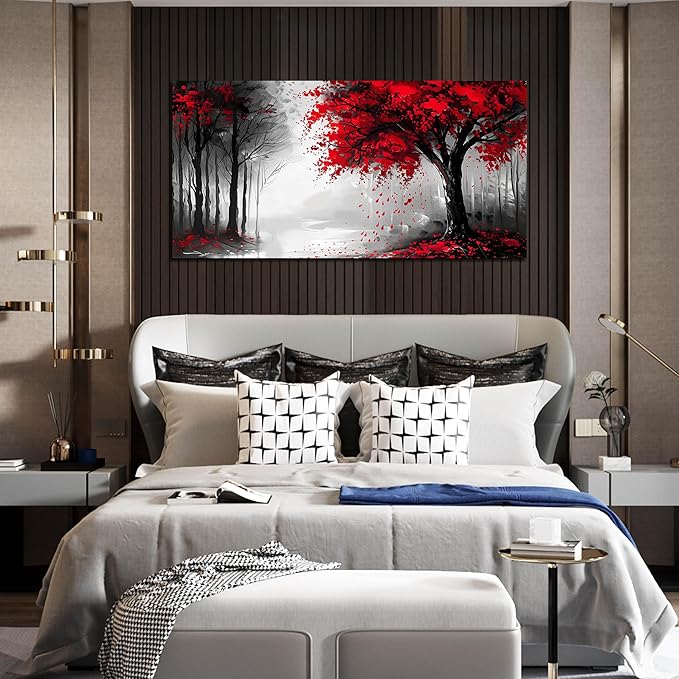Large Canvas Wall Art for Living Room Black White and Red Forest Print Pictures Painting Framed Wall Decor for Bedroom Modern Home Plant Scenery Wall Decorations Artwork Size 24x48 Ready to Hang