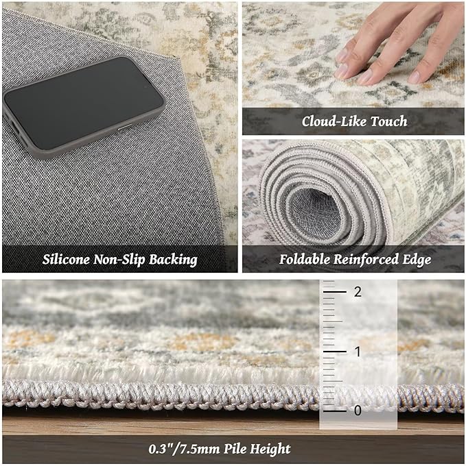 Washable 4x6 Rugs for Living Room, Boho Non-Slip Vintage Distress Small Rugs for Bedroom Nursery Office, 0.3" Neutral Oriental Throw Thin Carpet with Cushioning Pad, Grey/Beige/Orange/Multi