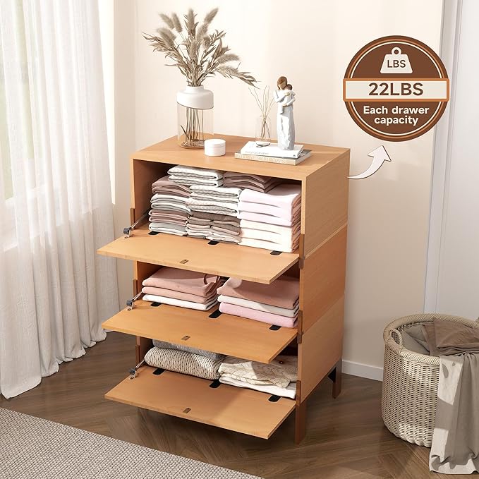 Stackable 3 Drawers Dresser, Customizable Chest of Drawers for Bedroom, Living Room, Dormitory, Easy Assembly Wood Furniture Cabinet, 24 inch Width Beech and Basswood Color Combo