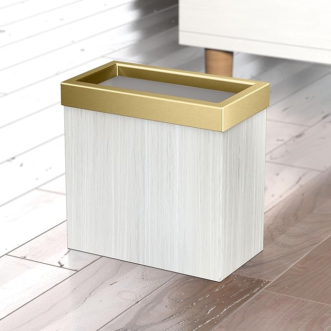 Gatco Modern Rectangle Wastebasket, White Oak/Brushed Brass Lid - Stainless Steel Trash Can with Removable Lid, Leakproof, 3 Gallon Capacity for Bathroom, Bedroom, Kitchen, or Office