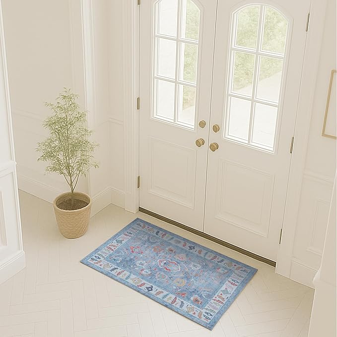 Fame Rugs Blue Modern Oushak Rug 3x5, Washable Vintage Turkish Colorful Oriental Antique Inspired Foldable Small Area Rugs, Luxury Living Room Bedroom (381LB, 2'6" x 5')