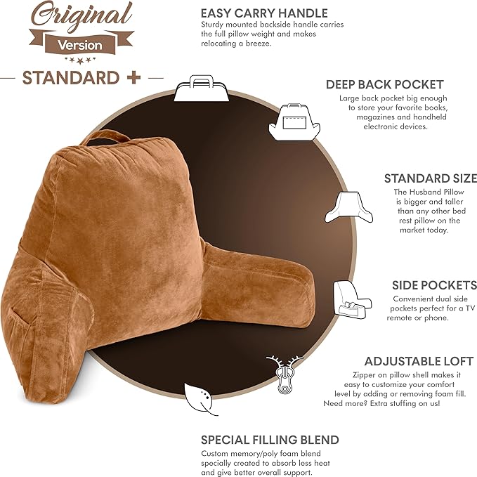 Husband Pillow Tan, Original Reading Pillow in Bed Rest Chair, Shredded Memory Foam Large Lounge Cushion Adult Backrest with Arms, Comfy Back Support for Sit Sitting Up, Washable/Removable Cover