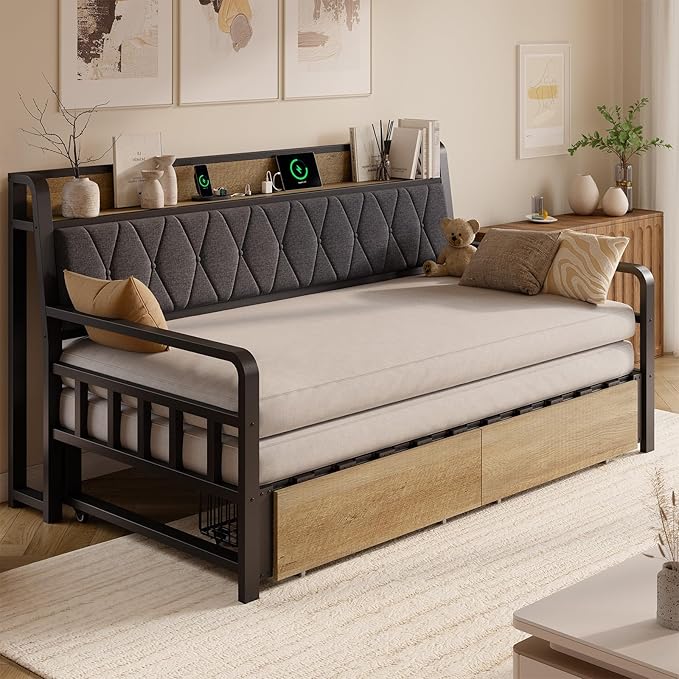 ONBRILL Twin Daybed with Trundle, Twin to King Daybed with Pop up Trundle, Metal Twin Day Bed Frame with Storage Drawers, Upholstered Headboard & Power Outlet for Living Room & Guest Room, Black