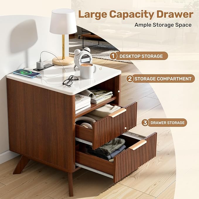 Modern Nightstand Set of 2, Side Table with Charging Station,Bedside Tables with Drawer, Mid-Century End Tables for Bedroom, Sturdy Storage Side Tables,Walnut