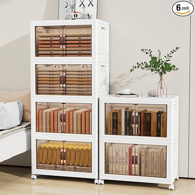Storage Bins with 2 Lids and Wheels, 660QT-110QT*6Tier Collapsible Bathroom Storage Cabinet with Clear Doors, Plastic Stackable Closet Organizers and Containers White