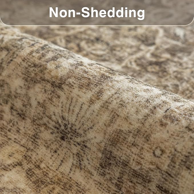 FMFUNCTEX 5x7 Washable Area Rug Neutral Vintage Brown Non Slip Low Pile Traditional Indoor Carpet for Living Room Bedroom Soft Retro Floral Mat Throw Rug for Dining Office Kitchen Dorm Entryway