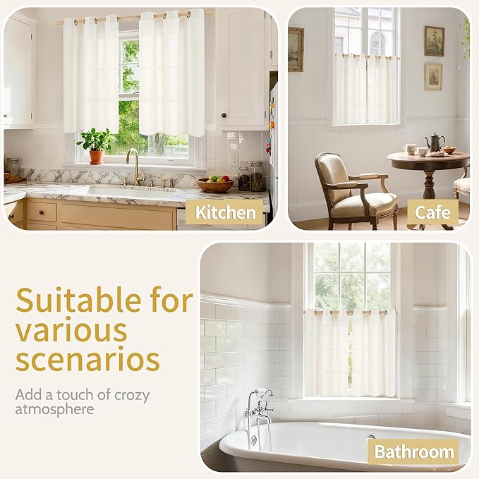 YoungsTex Ivory Linen Curtains 40 Inch Length for Kitchen Window, Short Semi Sheer Drapes Light Filtering with Bronze Grommet Privacy for Cafe Bathroom Windows, 42 x 40 Inch, 2 Panels