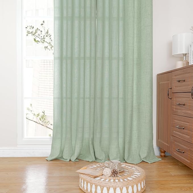 YoungsTex Sage Green Linen Curtains for Bedroom 63 Inch Long with Bronze Grommet Privacy Light Filtering Drapes for Short Living Room Rustic Office, 38 x 63 Inch, 2 Panels