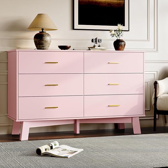 Dresser for Bedroom with 6-Drawer, 47.2" Modern Chest of Drawers with Metal Handles, X-Shape Base & Adjustable Center Leg, Anti-Tip Closet Organizers and Storage