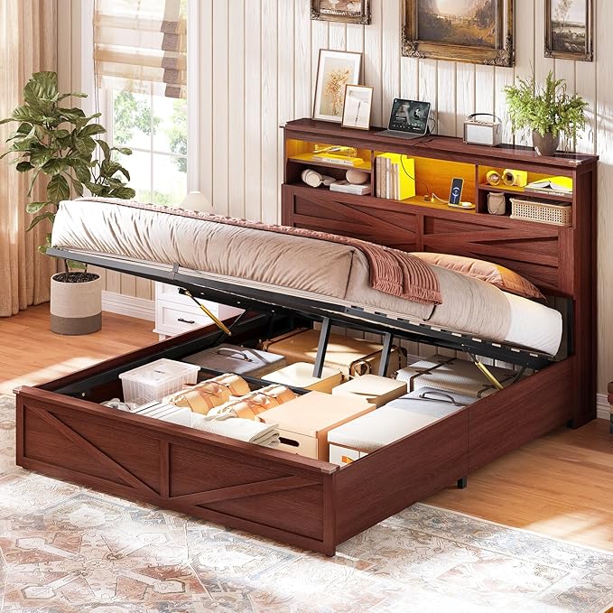 AOGLLATI Farmhouse Full Size Bed Frame with Lift Up Storage & Hidden Bookcase Storage Headbord, Wood Bed Frame Full with Charging Station, Led Lights, No Box Spring Needed, Brown