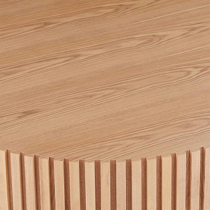 LKTART Round Coffee Table for Living Room, Accent Fluted Drum Coffee Table with Storage, Modern Solid Wood Circle Center Tea Table for Small Space Apartment (31.5''D×14''H-Natural)