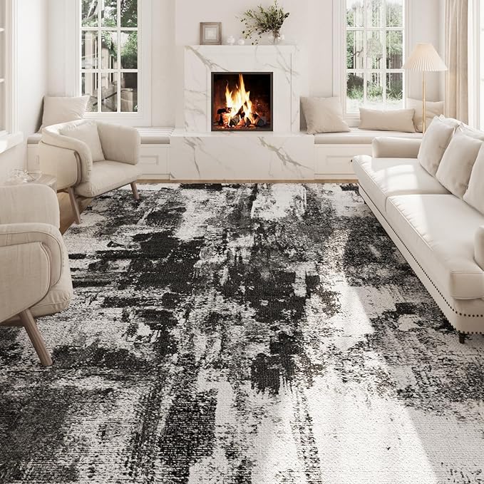 Area Rugs 8x10, Modern Abstract Machine Washable Rugs for Living Room Thin Carpet Indoor Floor Non-Shedding Carpets for Bedroom Dining Room Farmhouse Home Office | Black White