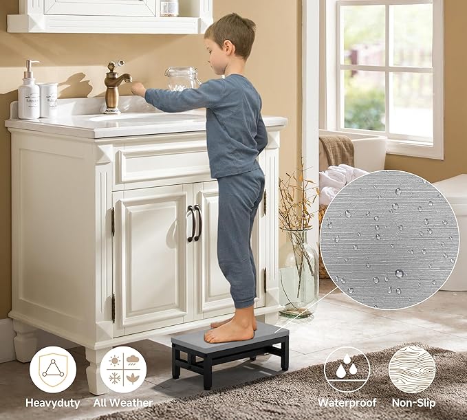 Y&M One Step Stool for Adults Kids, Adjustable Non-Slip Foot Stool with Sturdy Metal Frame, Bed Step for High Beds, Portable Step for Kitchen, Bathroom, Bedroom, Living Room – Gray