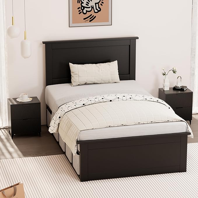 Royal Windsor Small Fluted Nightstand Set of 2 with 2 Drawers, Side End Table, Small Accent Storage Cabinet, Modern Night Stand Bedside Table for Bedroom Full Size Bed, Black