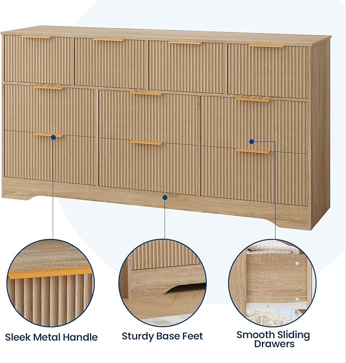 GarveeHome Fluted Dresser for Bedroom with 10 Drawers, 59" Wide Modern Chest of Drawers with Wood Frame, Dresser TV Stand Wooden Closet Clothes Storage Organizer for Living Room, Hallway