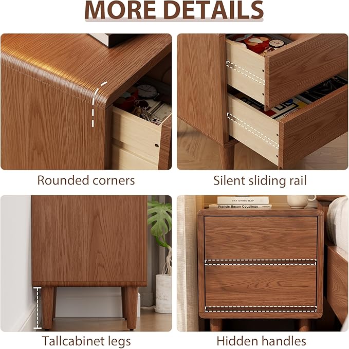 Solid Wood Nightstand Walnut Night Stand with Drawers Mid Century Modern Nightstand with Storage,Wood Night Stand,Small Bedside Table for Bedroom,Living Room,Office,Walnut Bedside Table