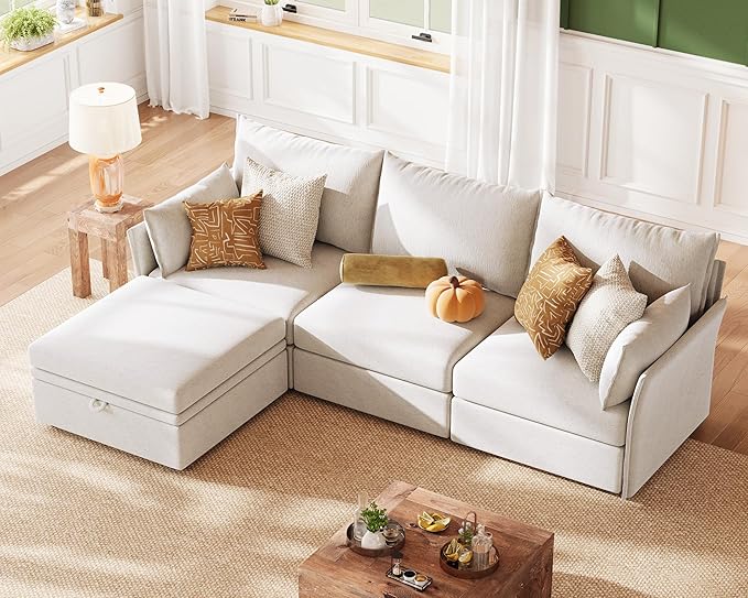 ABCASA 102.6" Modular Sectional Sofa, L Shaped Couch Set for Living Room, 3-Seater Comfy Cloud Couches with Movable Storage Ottoman,DIY Combination - Chenille White
