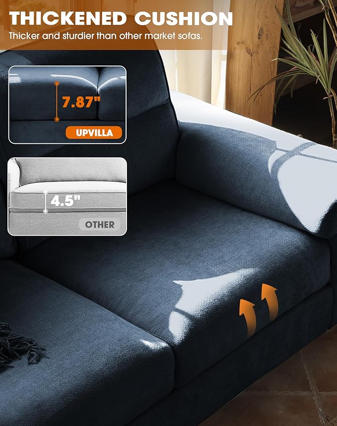 88.97" Modern Sofa Couch for Living Room, Deep Seat Sofas with 8”Cushion, Comfy 2-Seater Chenille Loveseat with Convertible Armrest, Removable Sofa Cover, High Leg (Blue)