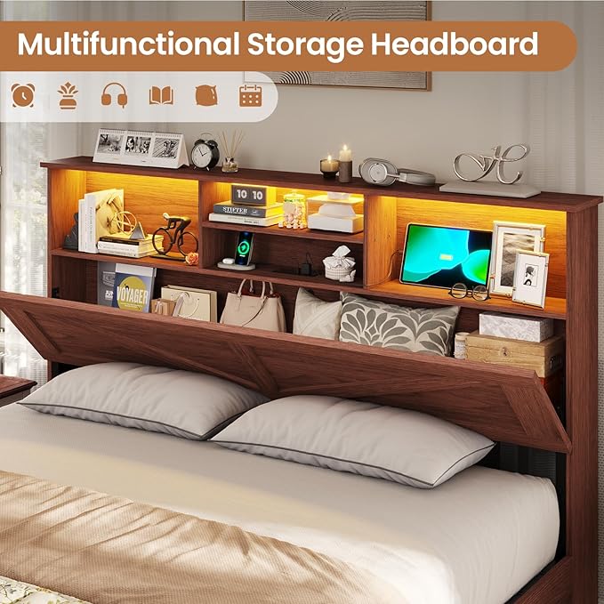 VIAGDO Farmhouse Bed Frame Full Size with Bookcase Storage Headboard, Charging Station and LED Lights, Wooden Full Bed Frame with 4 Drawers, Barn Door Design, No Box Spring Needed, Reddish Brown