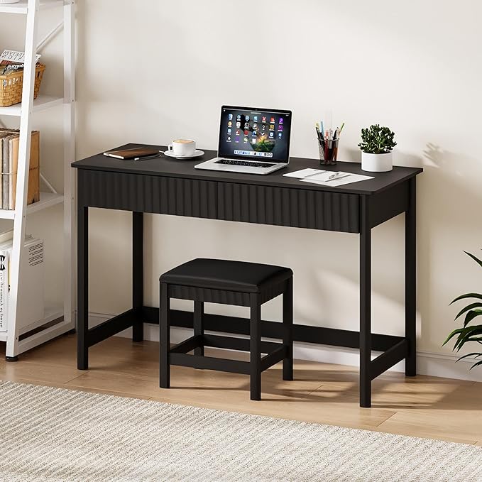 ChooChoo 47.2 Inch Modern Desk with Drawers, Makeup Vanity Desk with Padded Stool, Writing Computer Desk for Home Office & Bedroom, Black