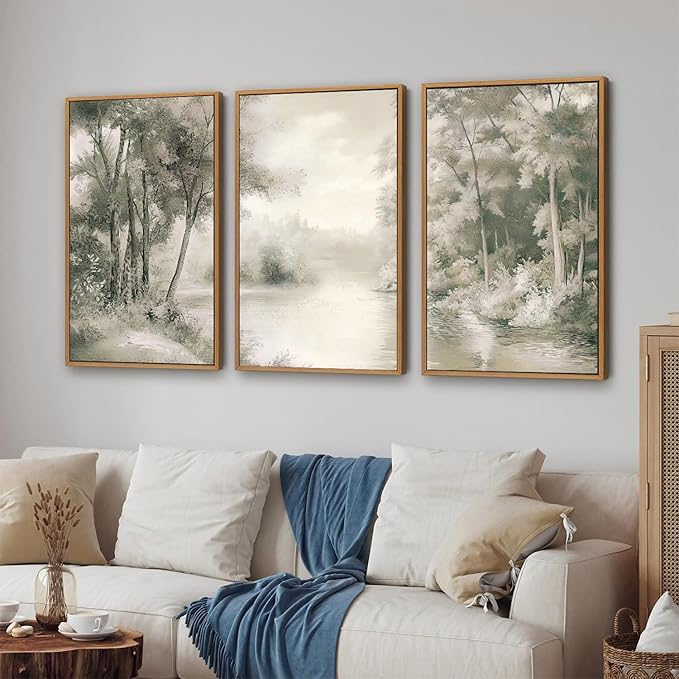 Yeehomedec Vintage Nature Landscape Framed Canvas Wall Art Set, Rustic Misty Forest Sketch Wall Decor, Neutral Wooden Trees Art Print, Retro Foggy Scenery Artwork for Living Room Bedroom Office 16"x24"x3