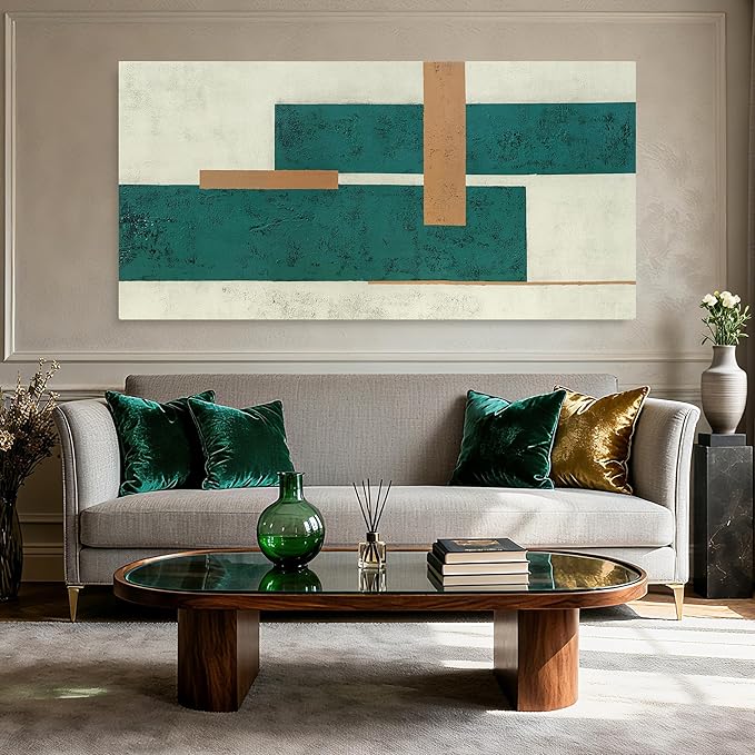 YETHEN WAL Teal Geometric Abstract Canvas Wall Art, 20×40 in Horizontal – Gallery Wrapped, Green & Beige Minimalist Artwork for Living Room, Bedroom, Office