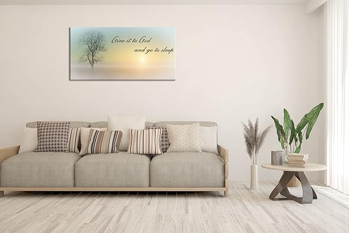 Misty Sunset & Tree Plant Picture For Bedroom Above Bed,Large White Country Wood Sign For Bathroom Canvas Wall Art,Give It To God And Go To Sleep Artwork Decor,Gallery Wrapped Gift,Inner Frame(30x60)