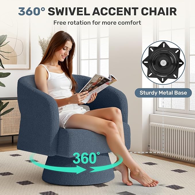 Swivel Accent Chair Set of 2, Modern Comfy Teddy Barrel Chairs, Oversized Upholstered Round Arm Chair for Living Room, Bedroom, Reading Room, Blue