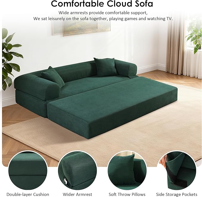 80" Convertible Sofa Bed, Corduroy Deep Seat Folding Pull Out Couch with Pillows, No Assembly Modern Boneless Couch Compression Sofa in Box, Floor Sofa with Storage Pocket for Living Room,Dark Green