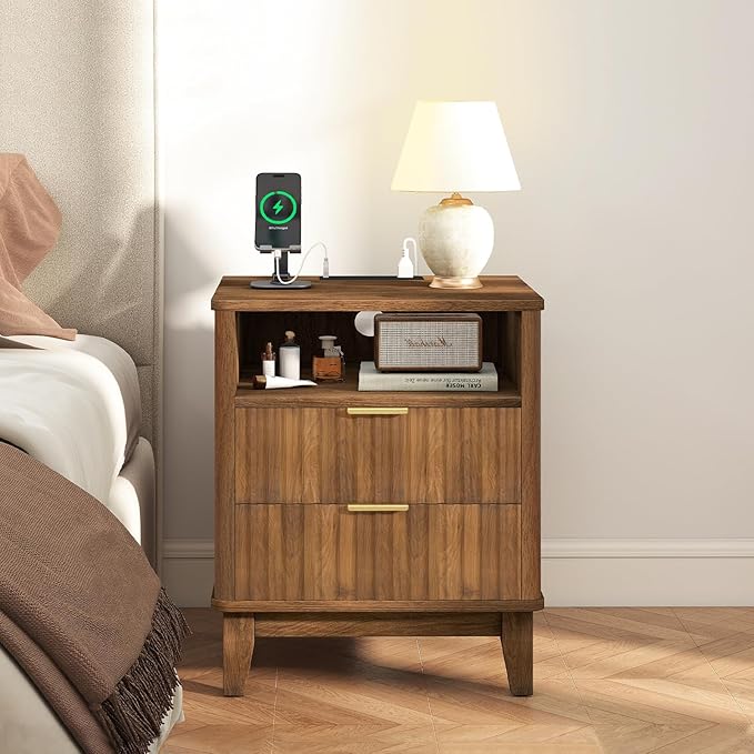 Night Stand with Charger Station, Fluted Nightstand with Drawers and Storage Shelf, Mid Century Modern Bedside Table Nightstands, Large Bed Side Table Wood Night Stands for Bedroom Living room