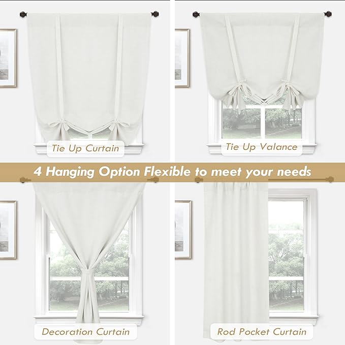DriftAway Double Layer Linen Blackout Tie Up Curtains Thermal Insulated Fully Lined Balloon Roman Shade Bathroom Window Adjustable Rod Pocket for Small Window 45 Inch by 63 Inch Ivory Cream