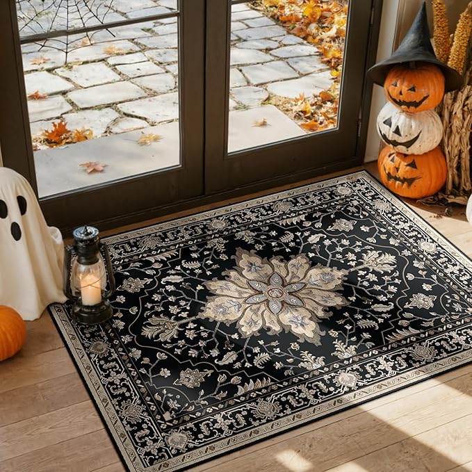 Area Rugs 3'x5' Washable Non-Slip, Floral Vintage Distress Print Pattern Medallion Carpet for Living Room Bedroom Dining Room, Black Brown Neutral Dark Tan
