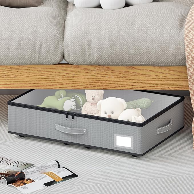 Under Bed Storage with Wheels, No Assemble Required 5.5 inches height grey under bed storage bins,Low Profile Rolling Underbed Shoe Storage containers，dorm underbed storage drawers