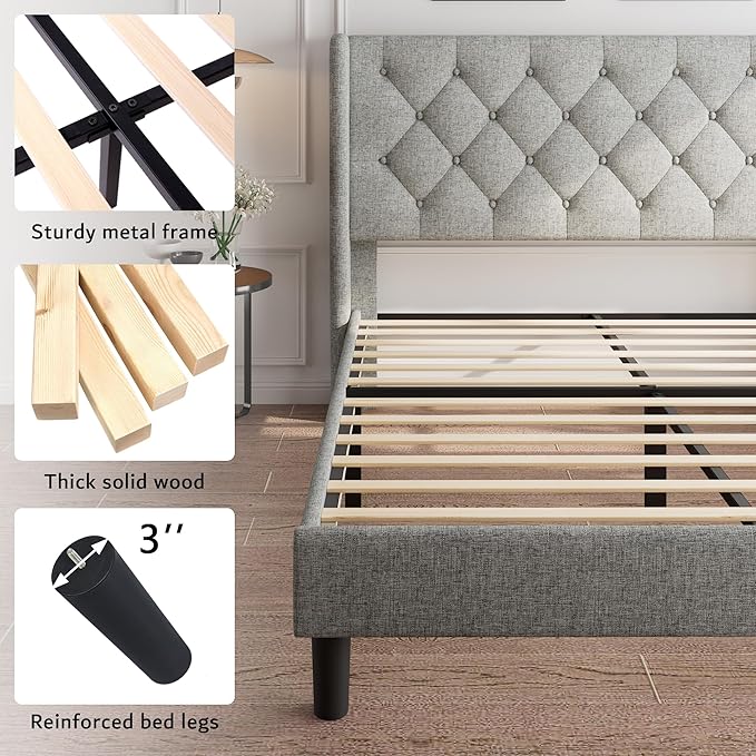 iPormis Full Size Platform Bed Frame with Button Tufted Headboard, Upholstered Bed Frame with Solid Wooden Slats, 8" Underbed Space, No Box Spring Needed, Noise Free, Easy Assembly, Light Gray